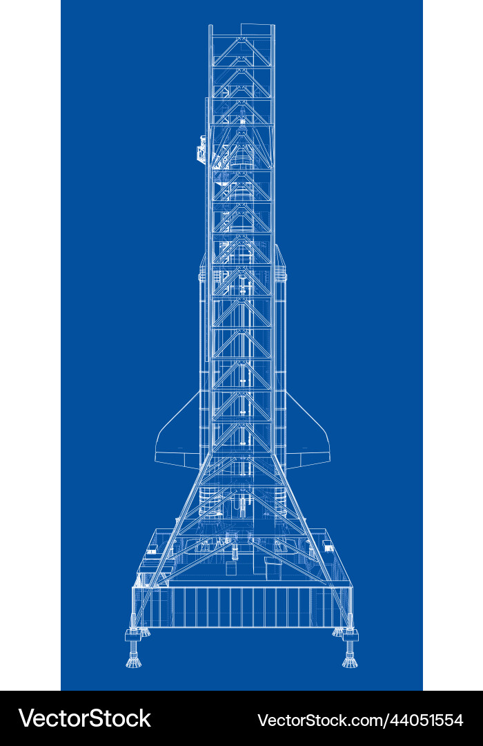 Space rocket on launch pad rendering of 3d vector image