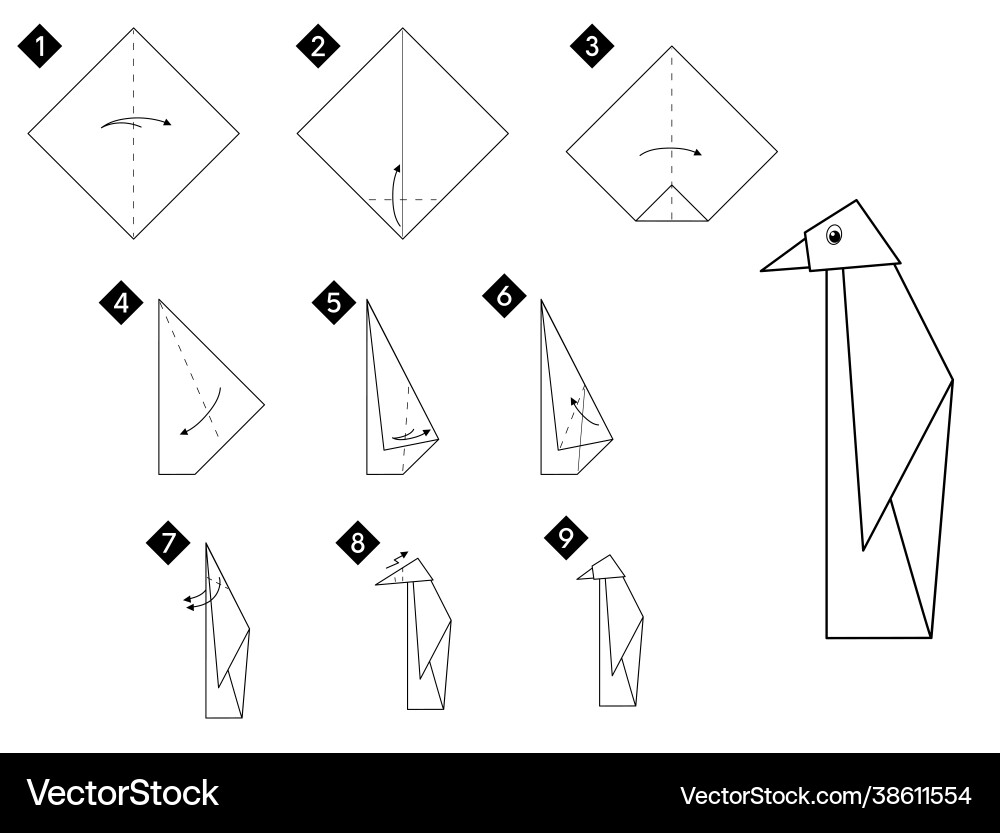 Step how to make origami penguin bird Step how to make origami penguin bird Vector Image