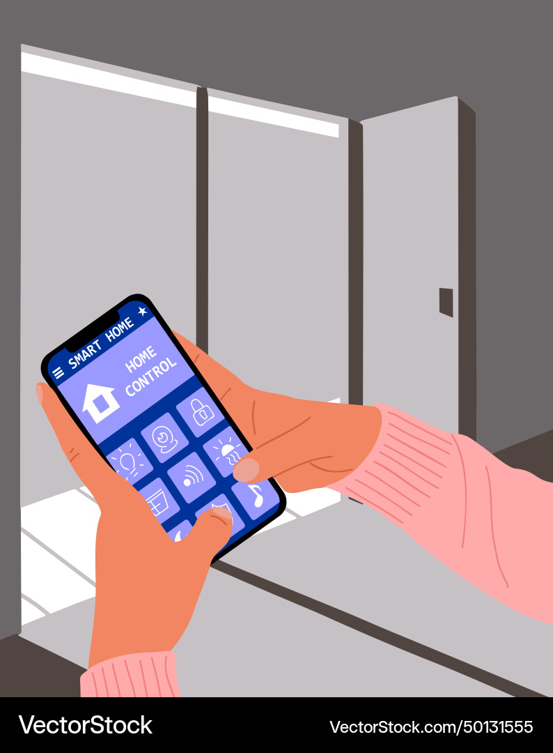 Hand mit Smart Home App auf Telefon-Innenszene Hand mit Smart Home App auf Telefon-Innenszene vektorbild