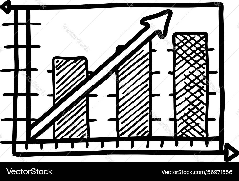 Hand drawn bar chart with upward arrow showing vector image