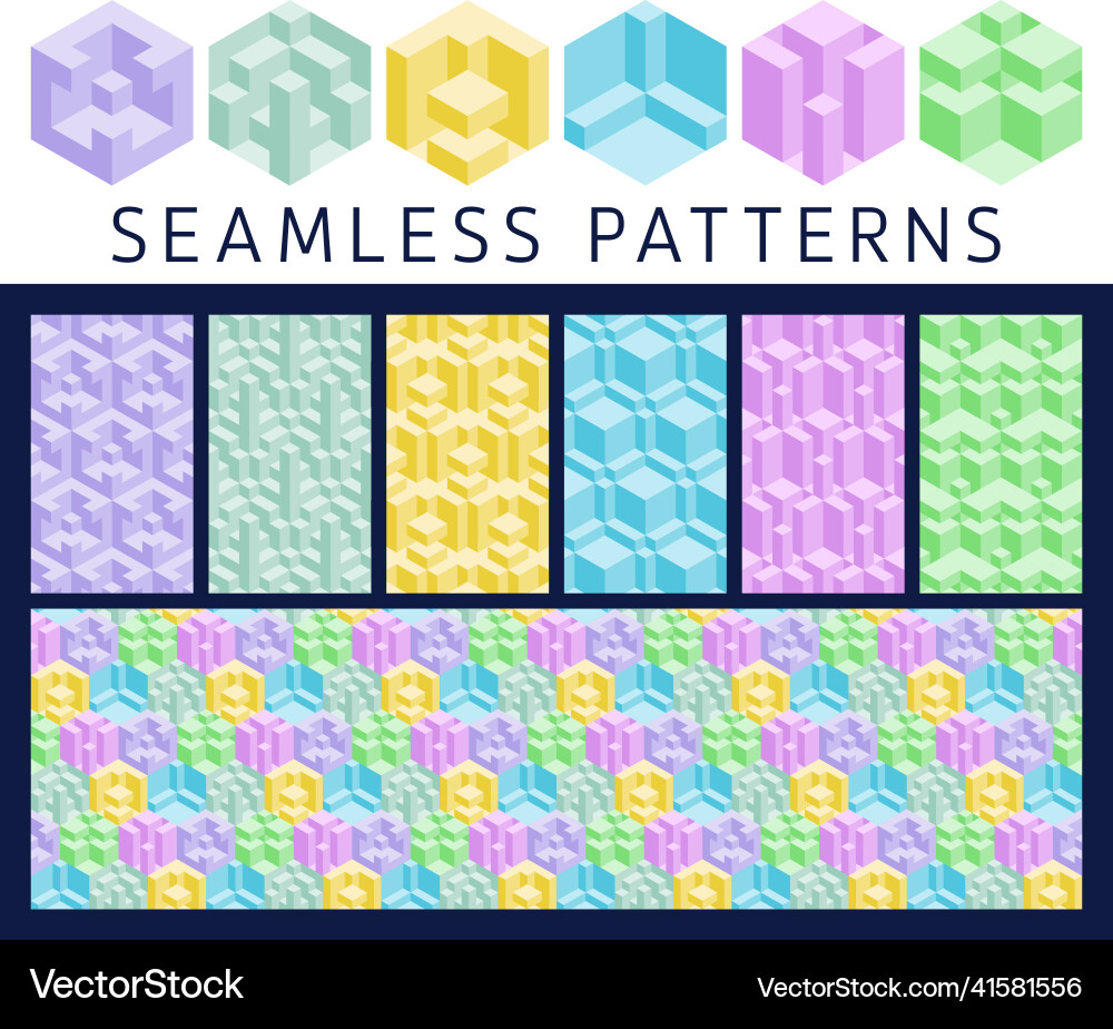 Set of 3d geometric seamless elements and patterns Set of 3d geometric seamless elements and patterns Vector Image