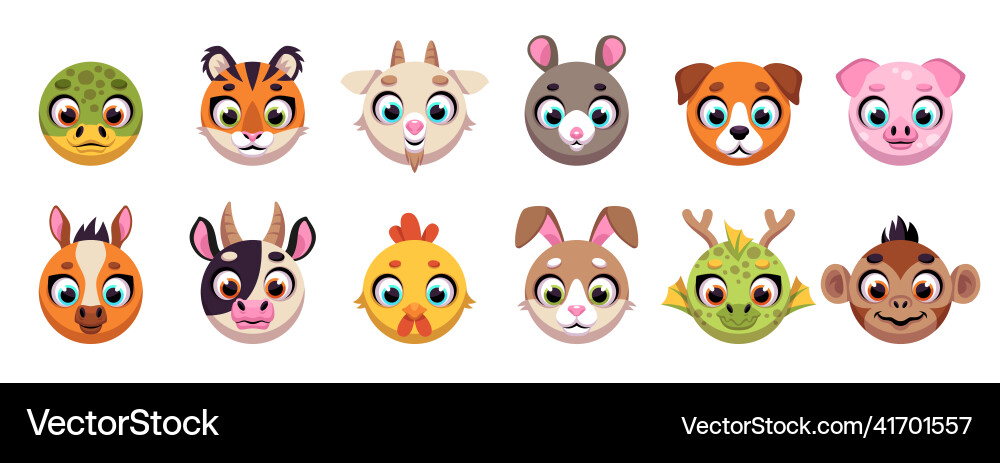 Cartoon Animal Faces - Round Muzzles Vector Image