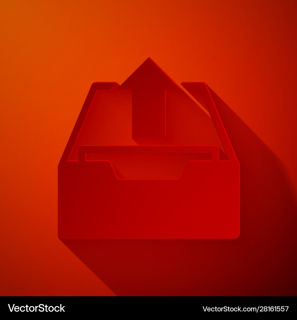 Papier schneiden Upload-Inbox-Symbol isoliert auf rot Papier schneiden Upload-Inbox-Symbol isoliert auf rot vektorbild