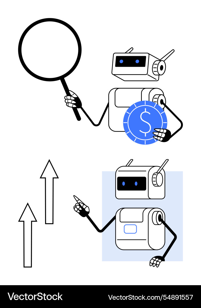 Robots with magnifying glass coin and arrows Robots with magnifying glass coin and arrows vector image