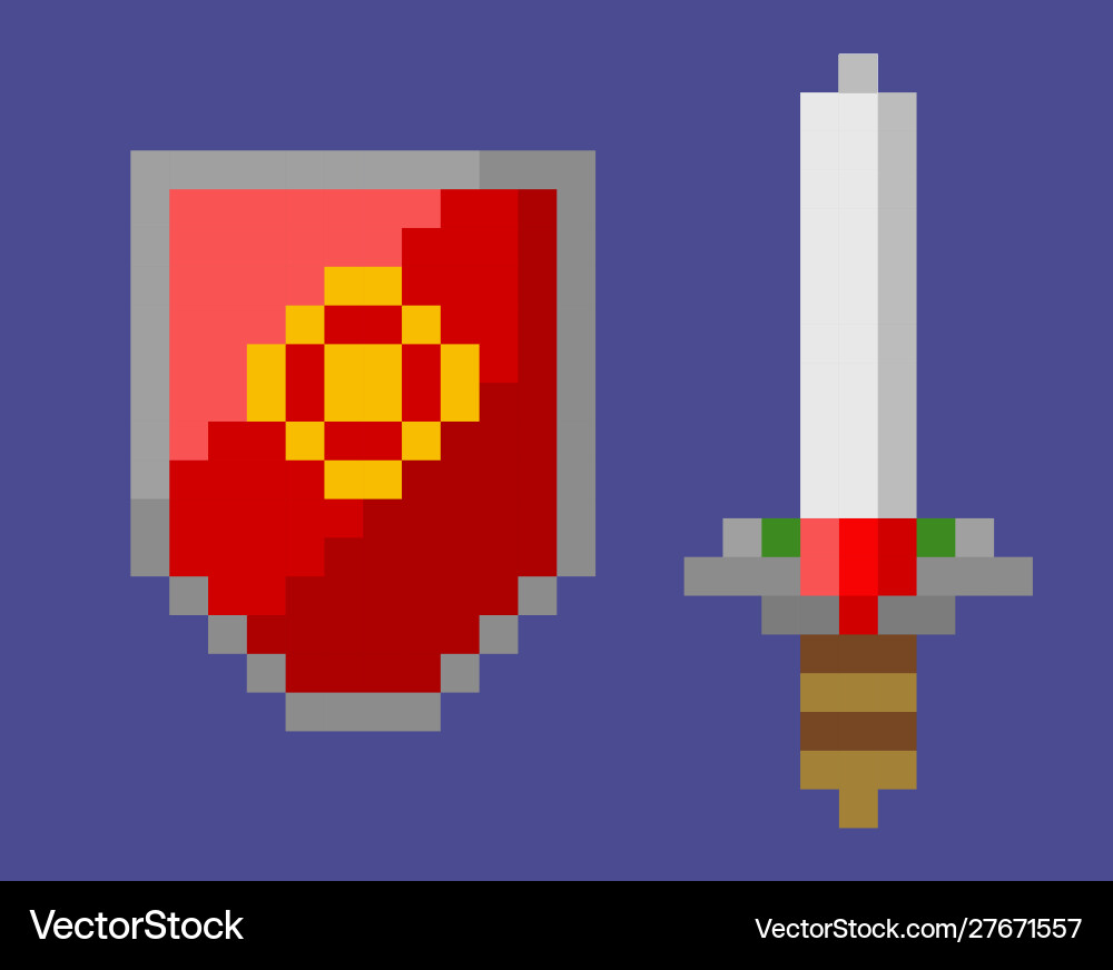 Shield and sword attack defense pixel icons Shield and sword attack defense pixel icons vector image