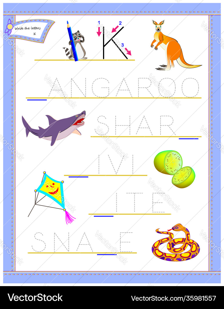Tracing letter k for study english alphabet Tracing letter k for study english alphabet vector image