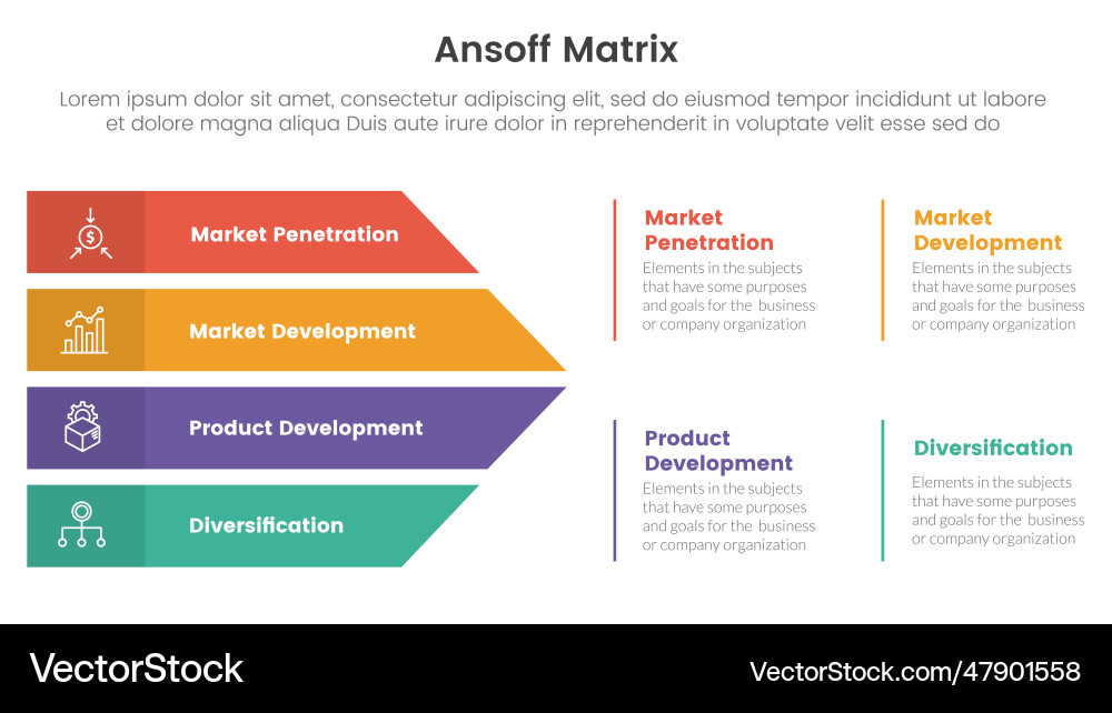 Ansoff matrix framework growth initiatives Ansoff matrix framework growth initiatives Vector Image