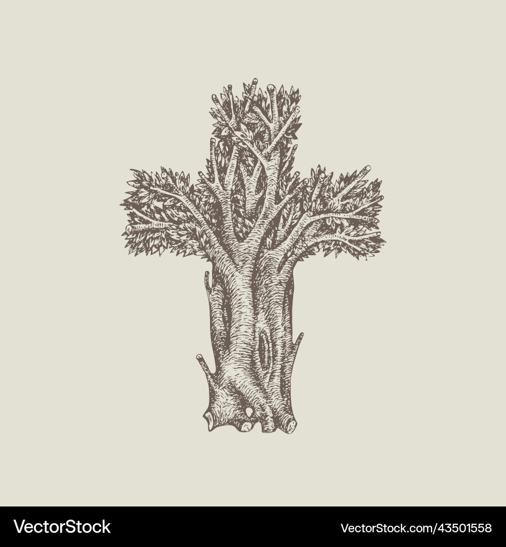 Christian cross in the form of a tree hand drawn vector image