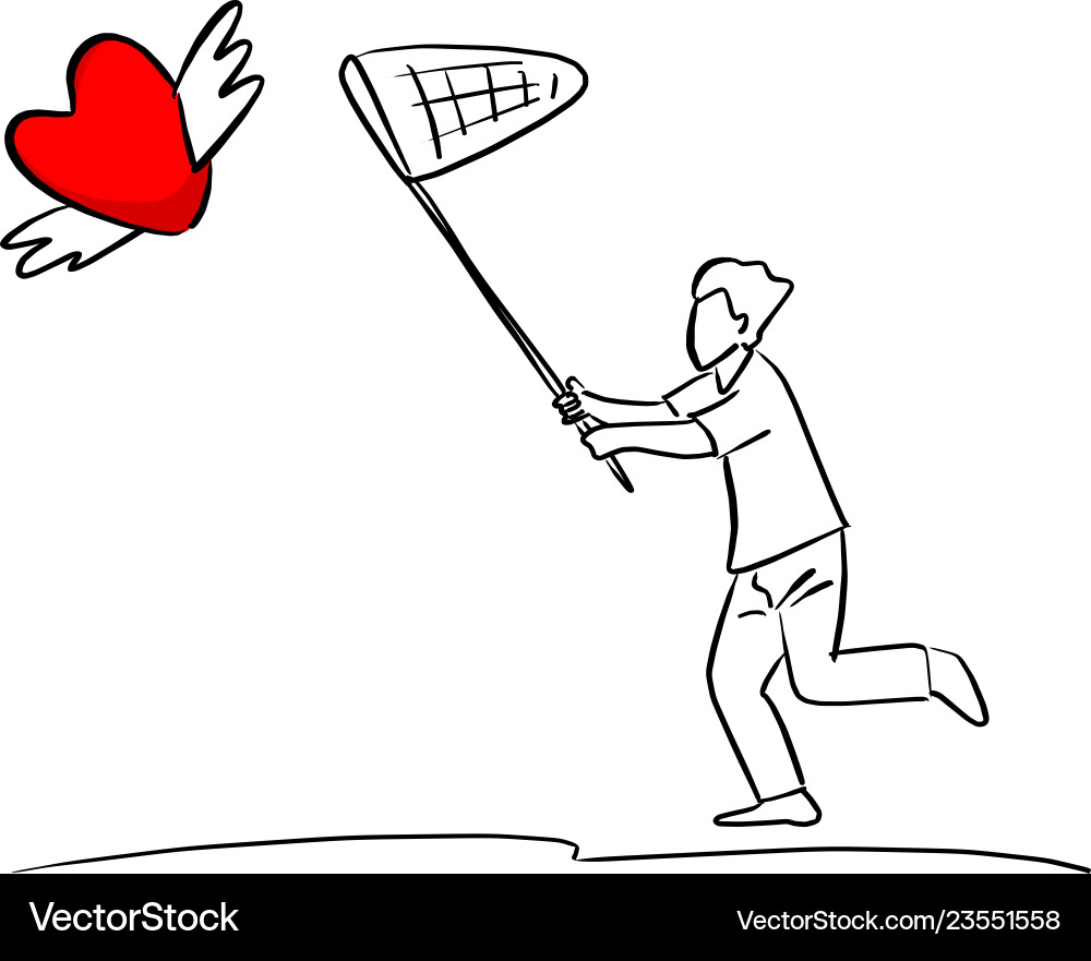 Man using net to catch red heart shape sign Vector Image