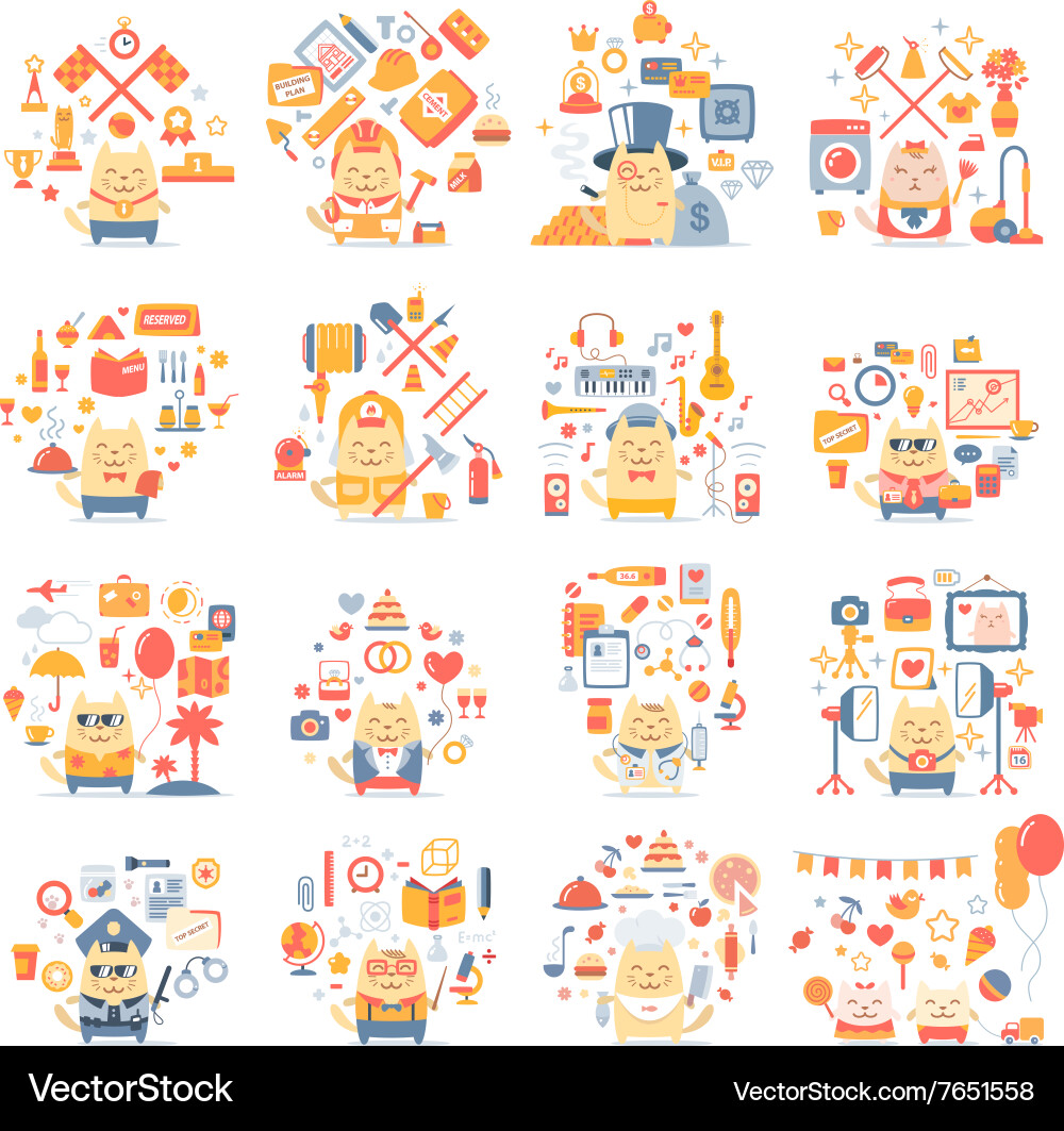 Og color big collection of yellow cats profe vector image