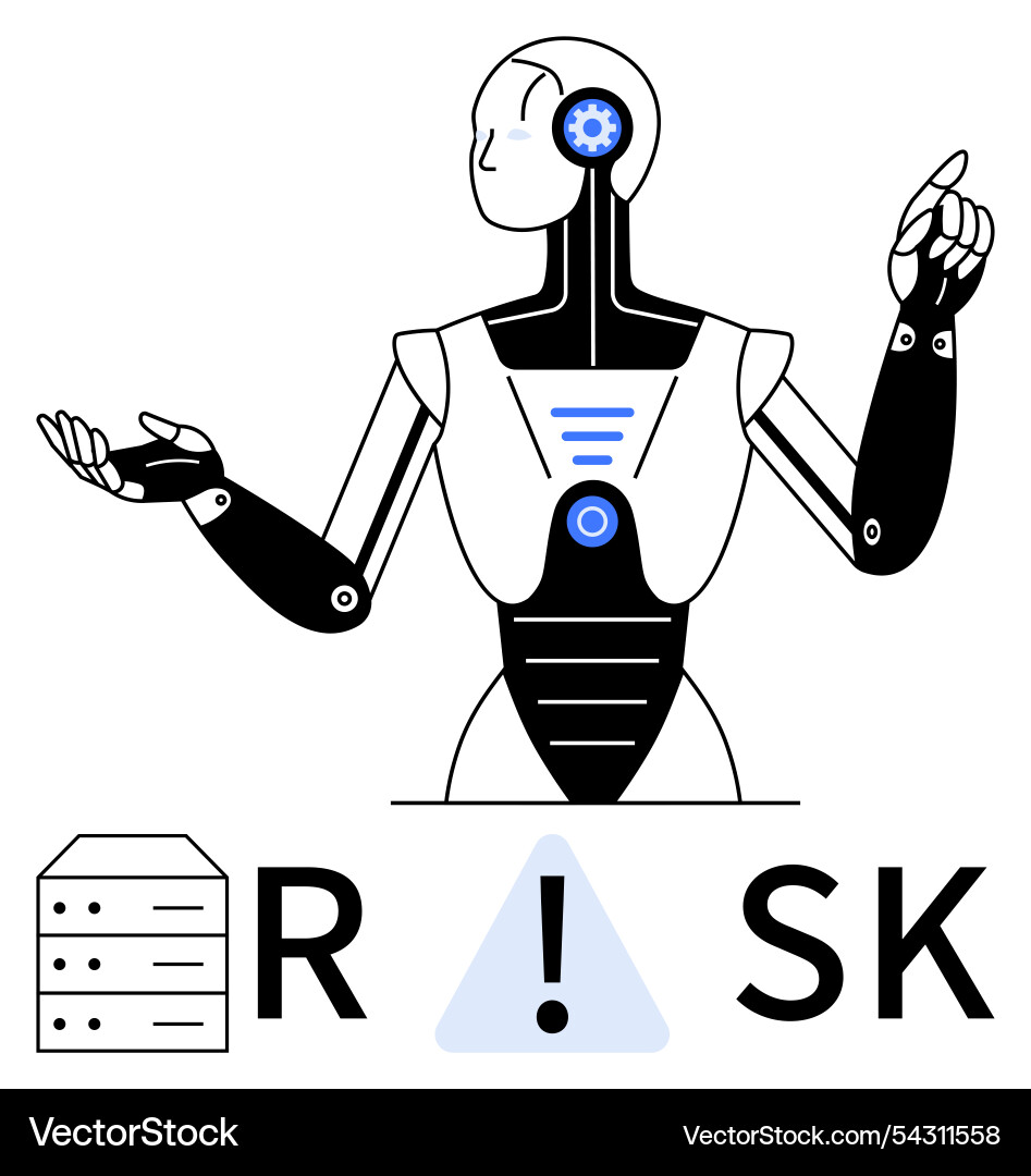 Robot pointing to risk text with warning sign Robot pointing to risk text with warning sign vector image