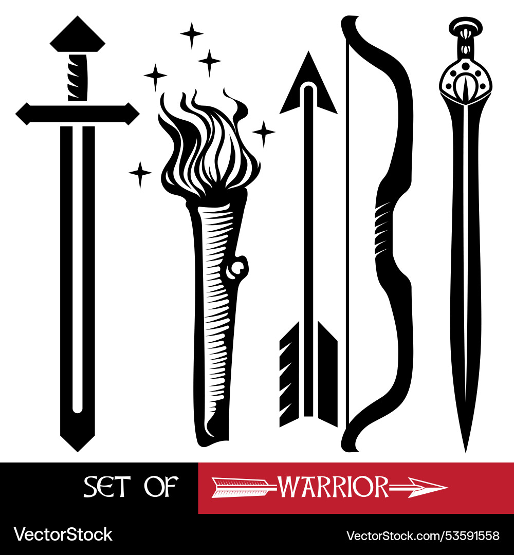 Set of medieval weapons swords bow and torch Set of medieval weapons swords bow and torch vector image
