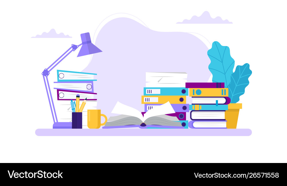 Studying table with books and different folders Studying table with books and different folders Vector Image