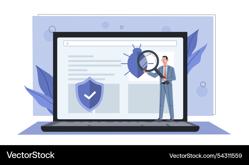 Man with computer virus young guy magnifying Man with computer virus young guy magnifying Vector Image