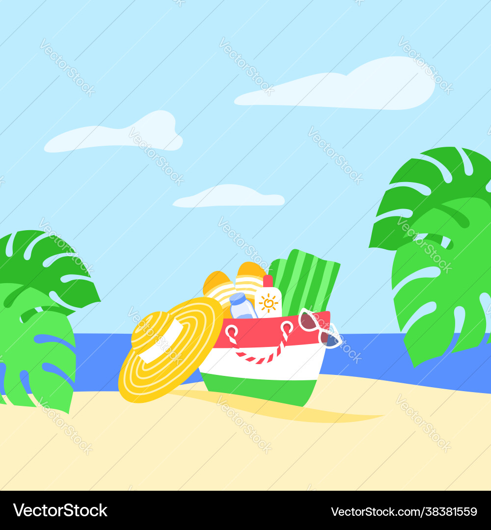 Summer vacation beach bag tropical leaves banner Summer vacation beach bag tropical leaves banner vector image