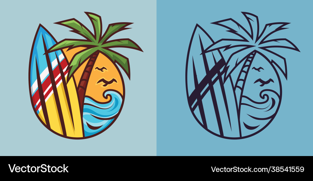 Surfboard with palm tree in different styles vector image