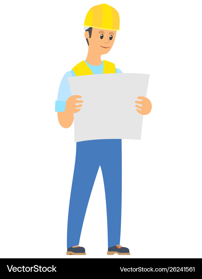 Builder standing with engineering project Builder standing with engineering project vector image
