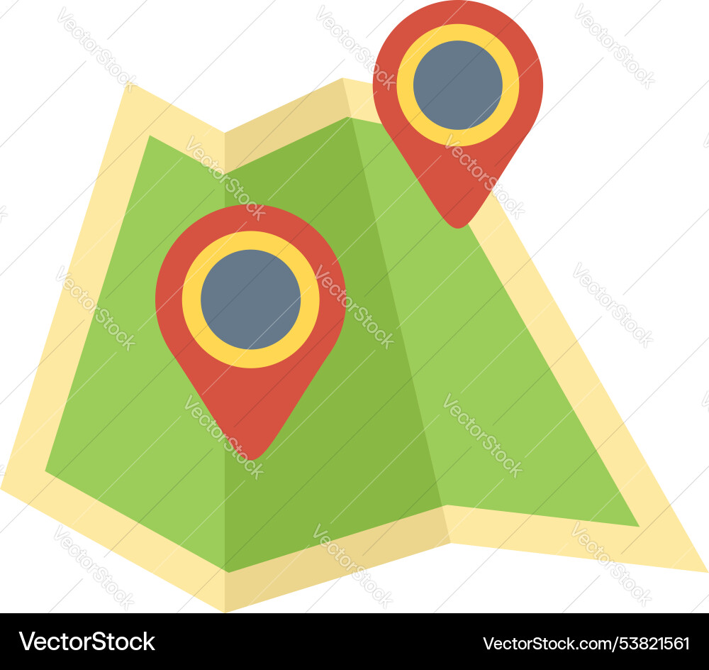 Folded paper map with two red location pins Folded paper map with two red location pins vector image