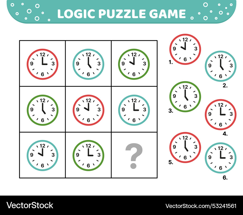 Logic puzzle game clocks colorful vector image