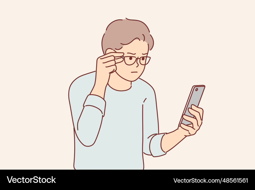 Man has vision problems and reads sms message Vector Image