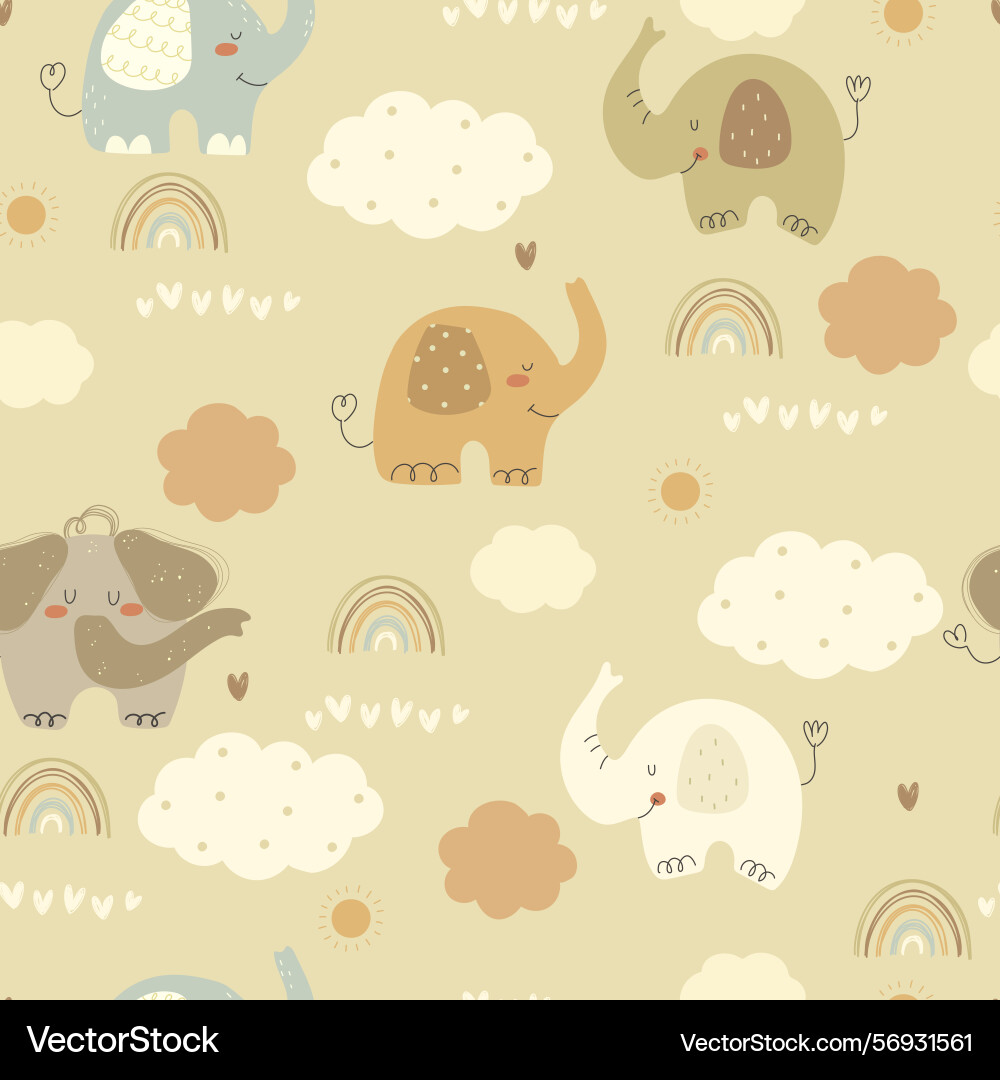 Pattern with elephants clouds and rainbows Pattern with elephants clouds and rainbows Vector Image