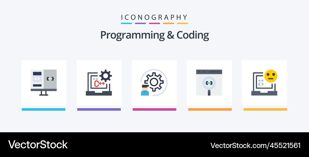 Programming and coding flat 5 icon pack including vector image