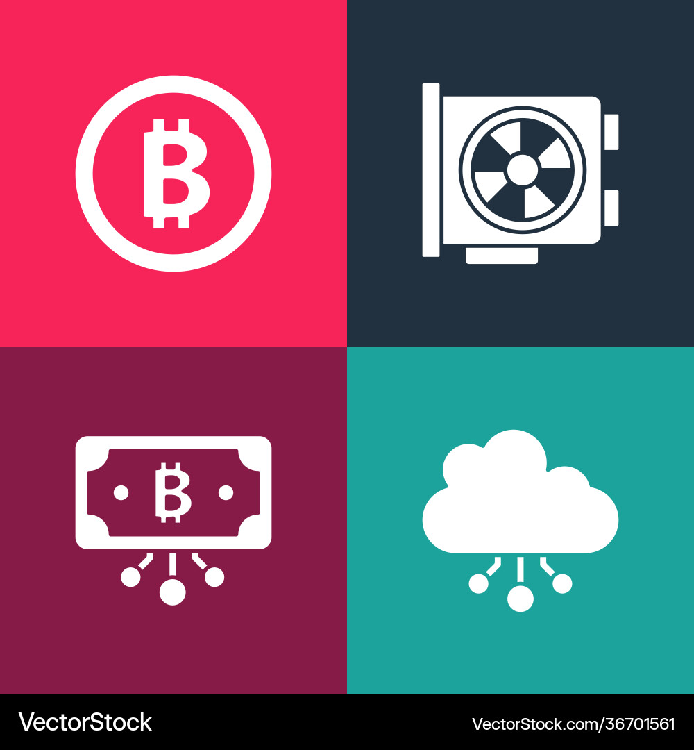 Set pop art cryptocurrency cloud mining bitcoin Set pop art cryptocurrency cloud mining bitcoin vector image