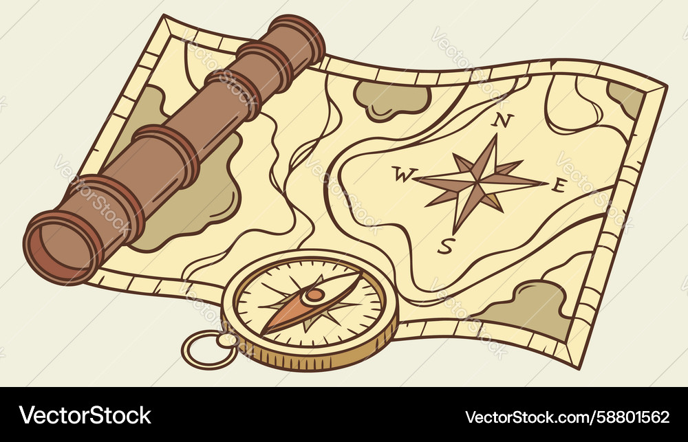 Aged treasure map with rolled scroll and compass Vector Image