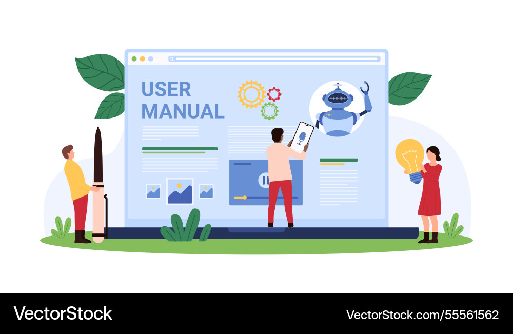 Tiny people creating user manual concept Tiny people creating user manual concept vector image