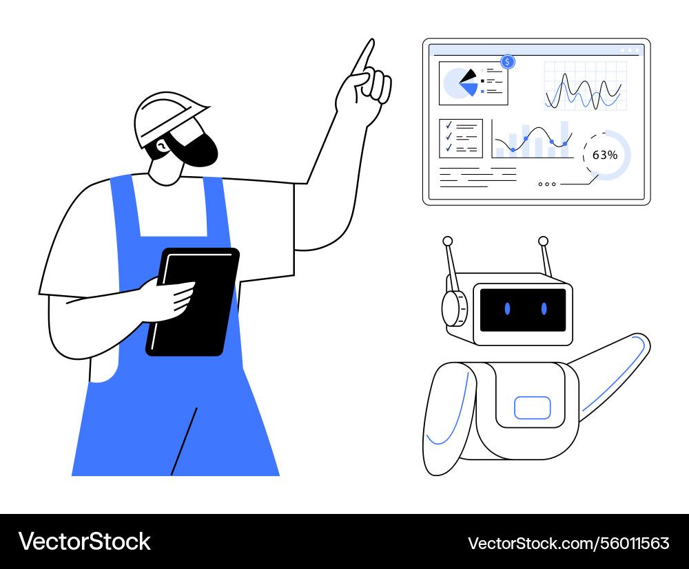 Engineer and robot collaborating on data analysis Engineer and robot collaborating on data analysis vector image