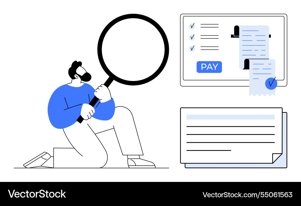 Man with magnifying glass examining invoices Man with magnifying glass examining invoices vector image