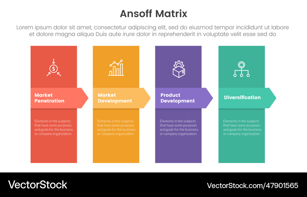 Ansoff matrix framework growth initiatives Vector Image
