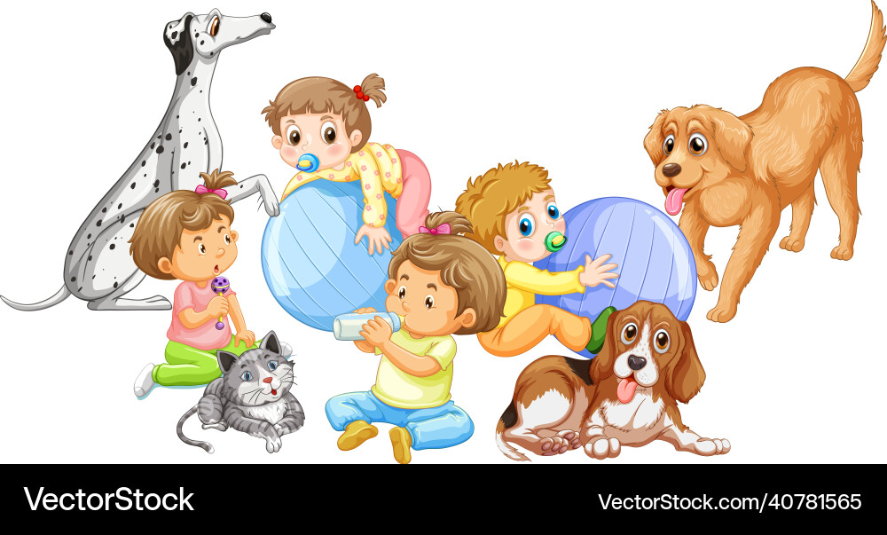 Cute babies group and dogs on white background Cute babies group and dogs on white background vector image