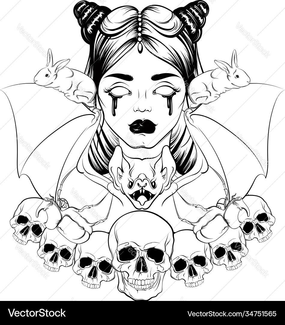 Dark Skull & Bat Art Vector Image