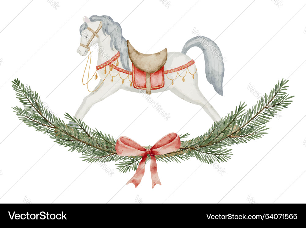 Rocking horse with christmas tree branches Rocking horse with christmas tree branches vector image