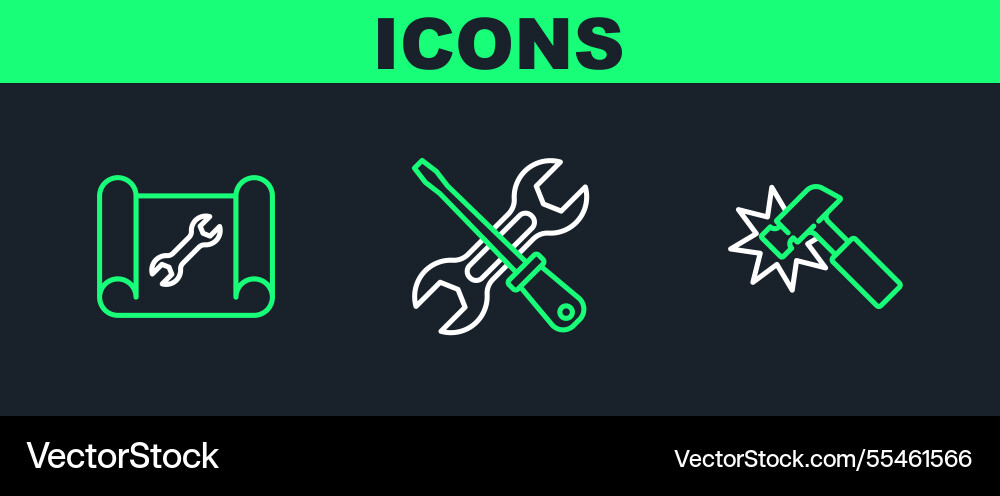 Set line hammer graphing paper and wrench Set line hammer graphing paper and wrench vector image