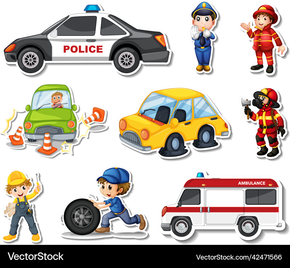 Sticker set of professions characters and objects Sticker set of professions characters and objects Vector Image