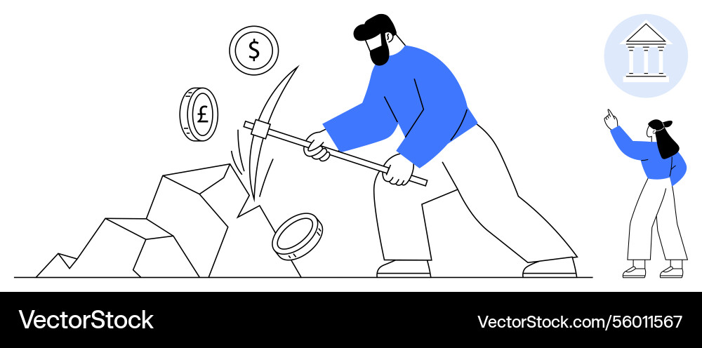 Man mining currency coins from rocks with pickaxe Man mining currency coins from rocks with pickaxe vector image