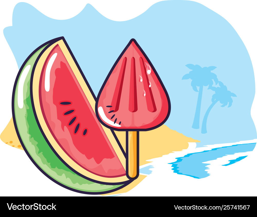 Refresh juice in beach with slice watermelon Vector Image