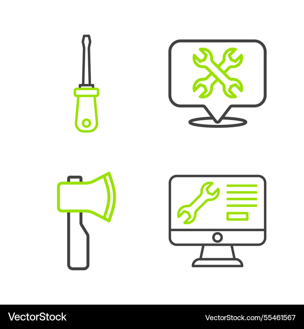 Set line computer monitor service wooden axe vector image
