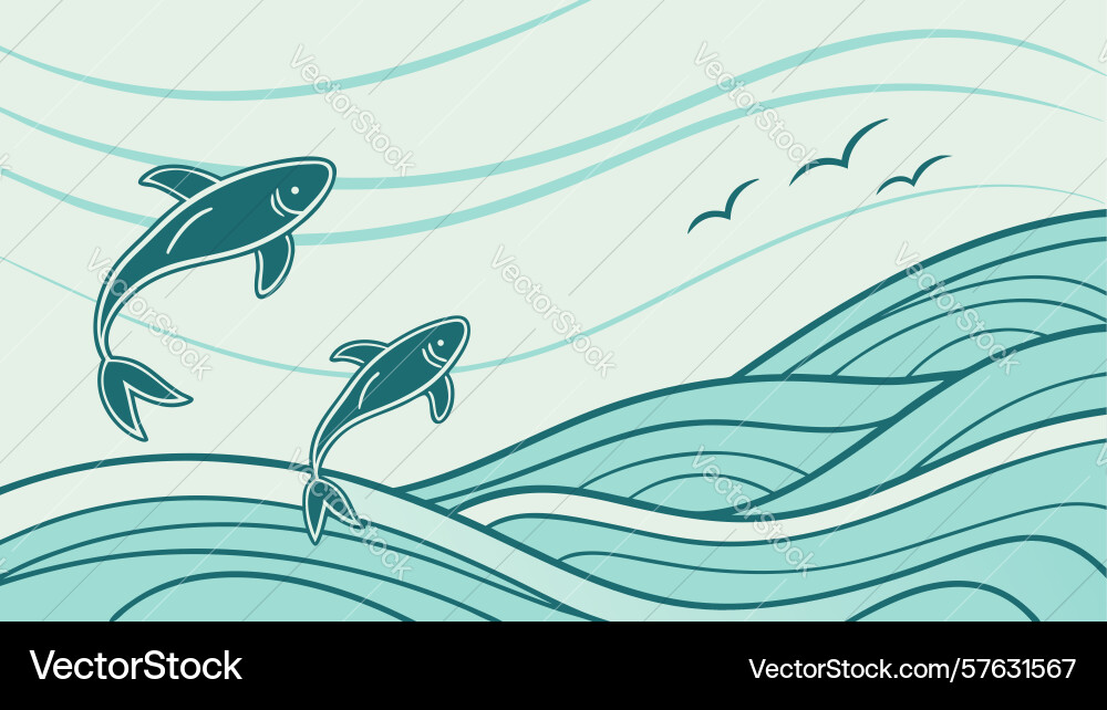 Two fish in dynamic ocean waves art design Vector Image