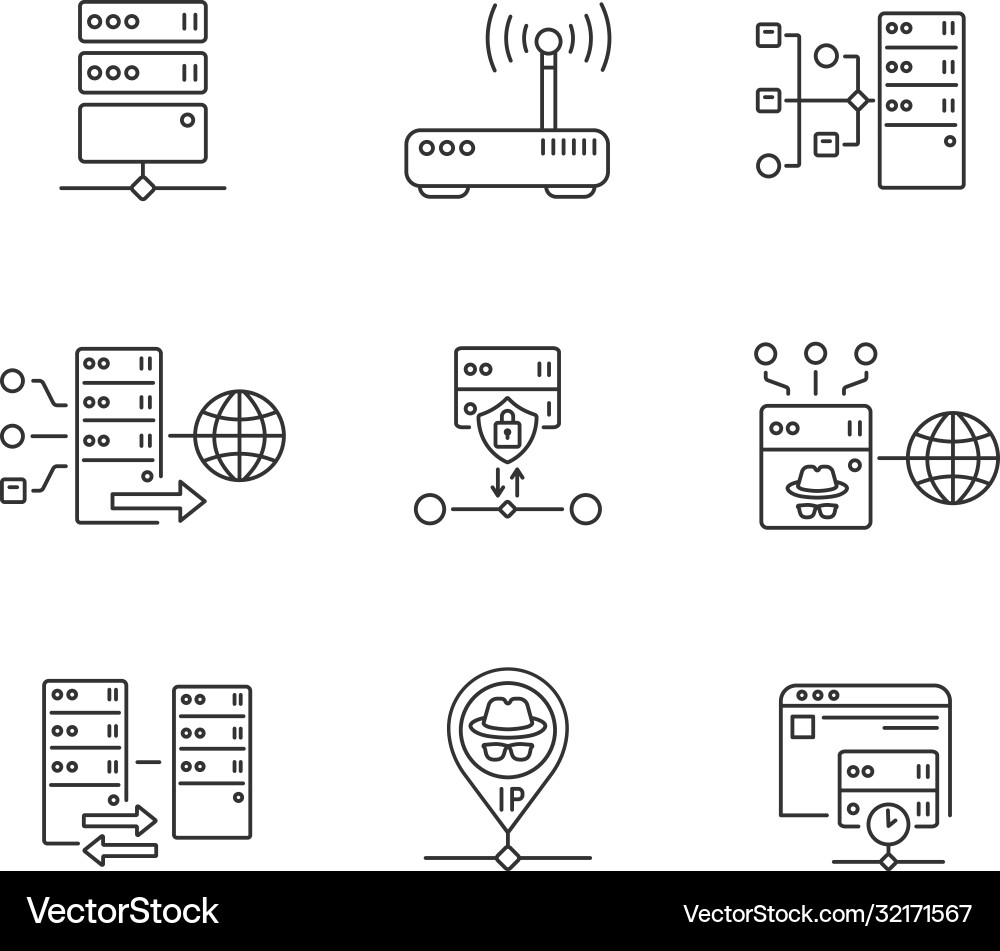 Virtual proxy servers linear icons set Virtual proxy servers linear icons set vector image