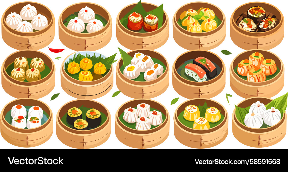 Assorted Dim Sum and Sushi Selection Vector Image
