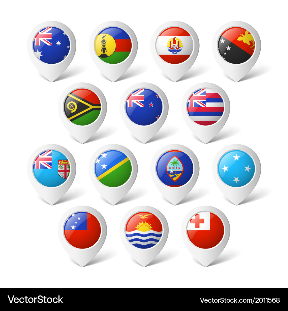 Map pointers with flags oceania Royalty Free Vector Image