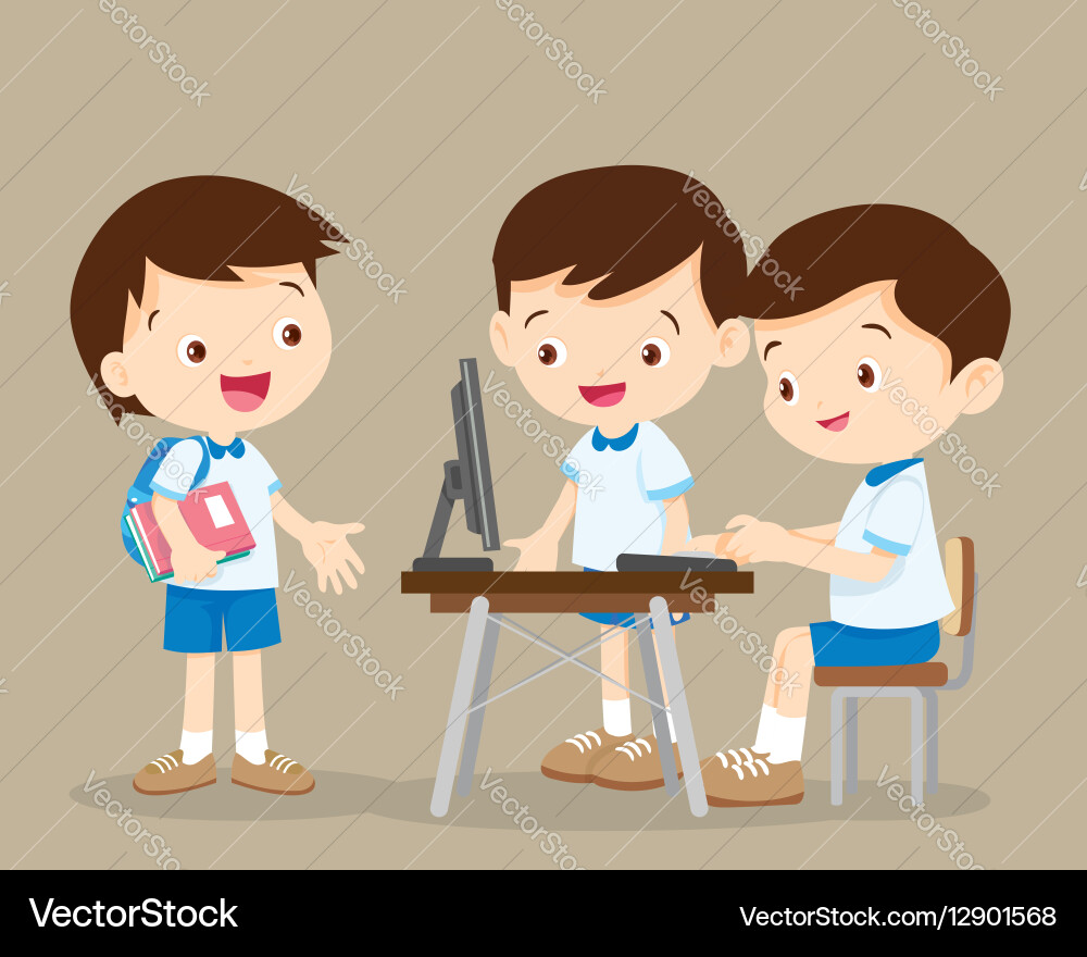 Students working with computer vector image