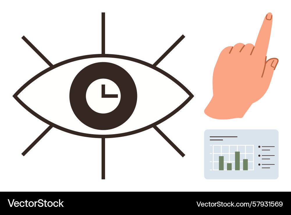 Eye with clock hand gesturing up and analytics vector image