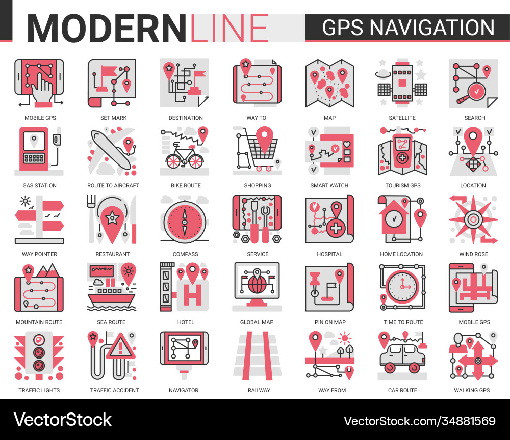 GPS Navigation Route Icons - Flat Line vector image