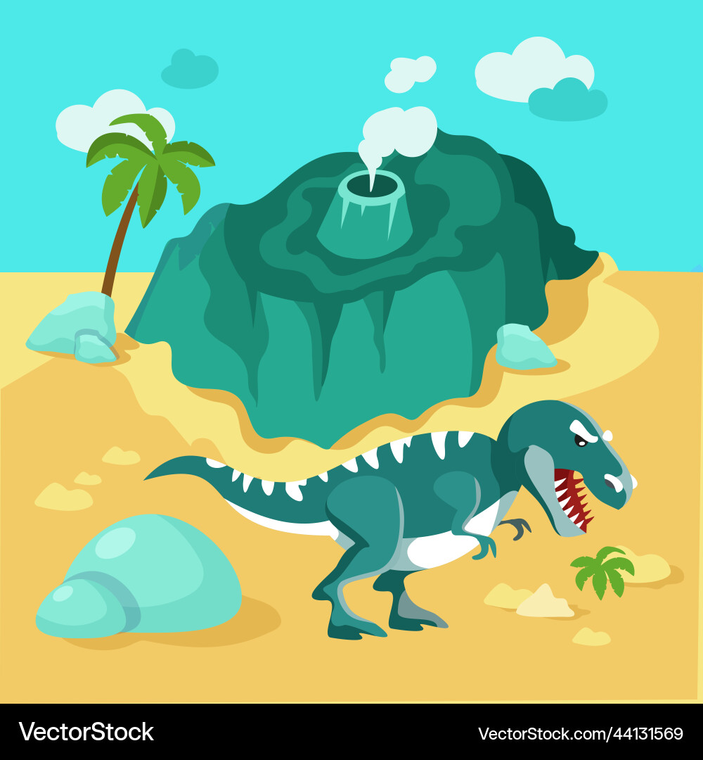 Map of island with volcano and dinosaur predatory Vector Image