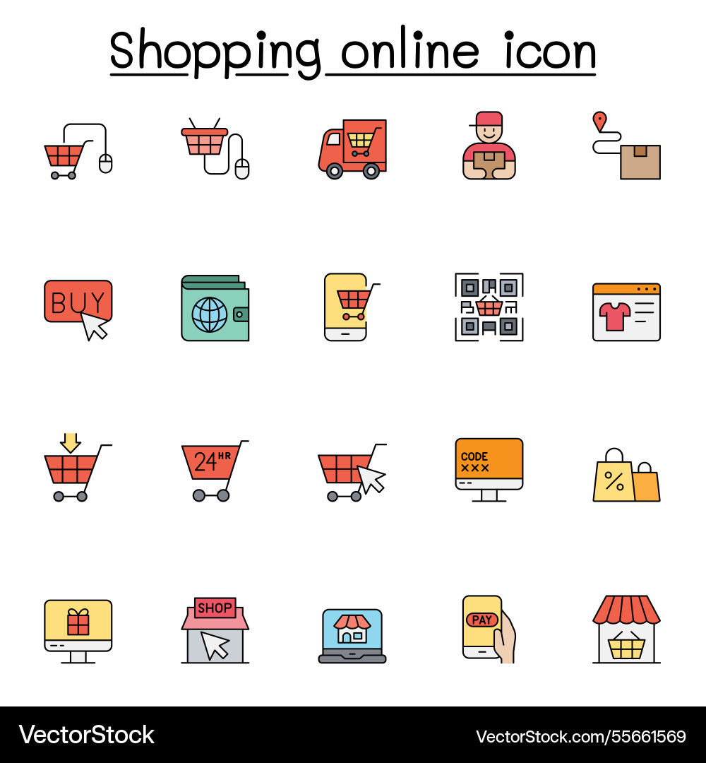 Shopping online icon set in color line style Shopping online icon set in color line style vector image