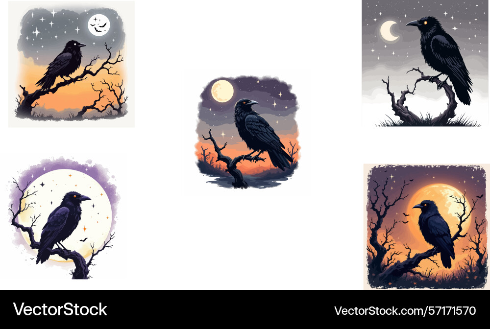 Ai-generated black crows perching on branches in Vector Image